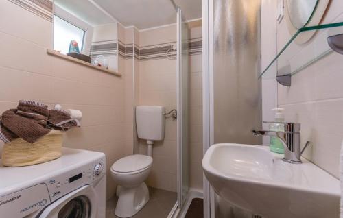 a bathroom with a toilet and a sink and a washing machine at Apartment Nena- apartman sa posebnim ulazom u prizemlju, terasom i zelenom okućnicom in Rakotule