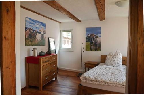 1 dormitorio con 1 cama, vestidor y pinturas en Mendlers Ferienwohnung, en Wangen im Allgäu