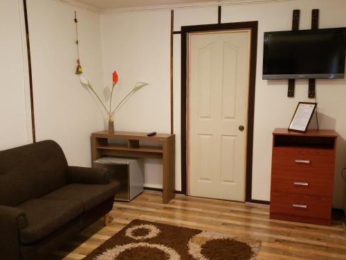 Hostal Torres del Paine 2 في بونتا أريناس: غرفة معيشة مع أريكة وتلفزيون بشاشة مسطحة