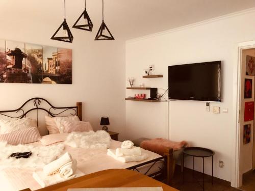 salon z łóżkiem i telewizorem z płaskim ekranem w obiekcie Apartment Rustic w Sarajewie