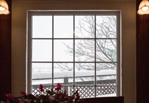 a window with a view of a snow covered tree at Sapporo Luxury Log House 5Brm max 18ppl 4 free parking in Sapporo