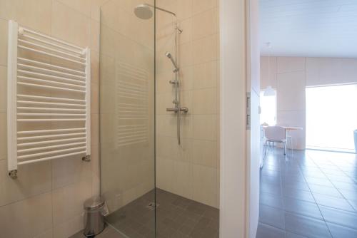 a shower with a glass door in a bathroom at Apartment in the country, great view Apt. B in Akureyri