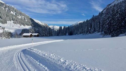 a snow covered field with a house in the background at Hapimag Ferienwohnungen Andeer in Clugin