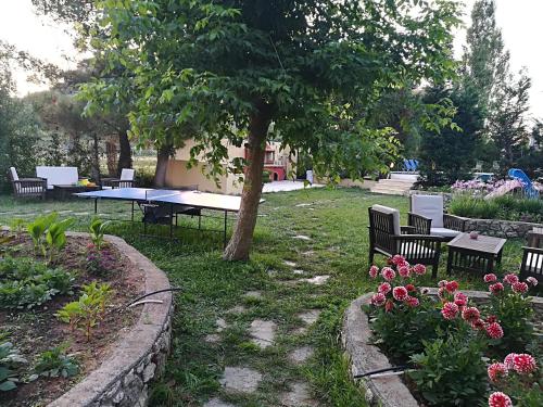 a park with a table and benches and a tree at Villa Litsa in Ermones