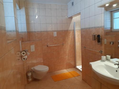 a bathroom with a shower and a toilet and a sink at Gasthof Klug zum Ehrensepp in Modriach