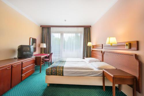 a hotel room with a bed and a television at Hotel Krakonoš in Mariánské Lázně