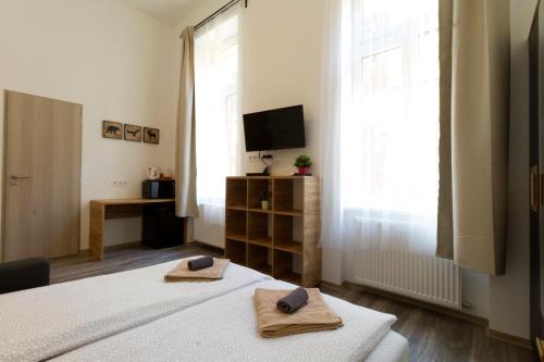 a bedroom with a bed and a tv and a window at Karikum Small in Budapest