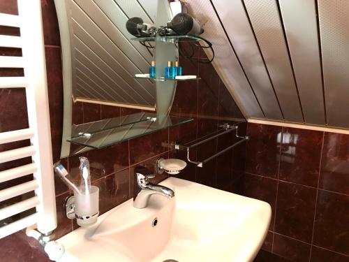 a bathroom with a sink and a mirror at Hotel Aragvi in Mtskheta