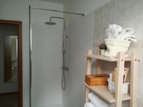 baño con ducha y estante con toallas en Portico88 en Trento