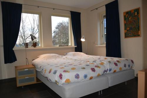 a bedroom with a bed and two windows at Appartement Derde Zandwijkje in Hollandscheveld