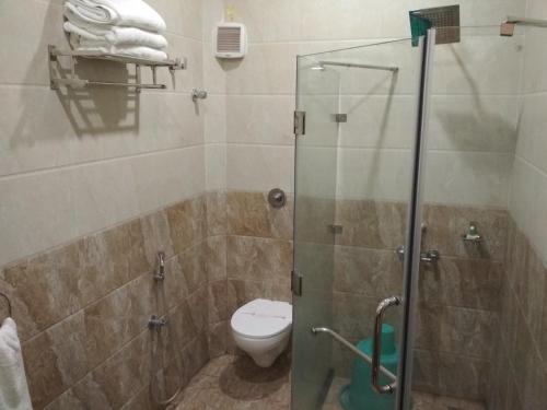 Un baño con inodoro y ducha de cristal. en RB GRAND RESIDENCY, en Kanchipuram