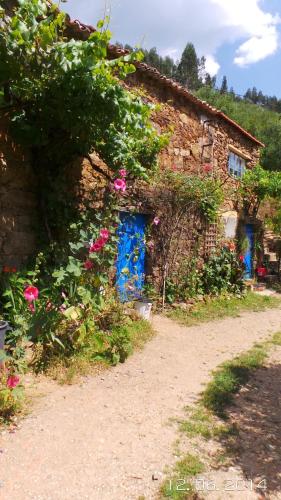 a brick building with a blue door and flowers at Cottage Vivenda Festina Lente in Figueiró dos Vinhos