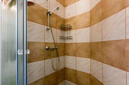 a bathroom with a shower with a glass door at Apartments Rena & Filip, by the beach in Preko