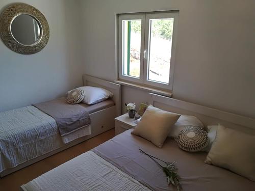 a bedroom with two beds and a mirror and a window at Happy garden house in Kožino