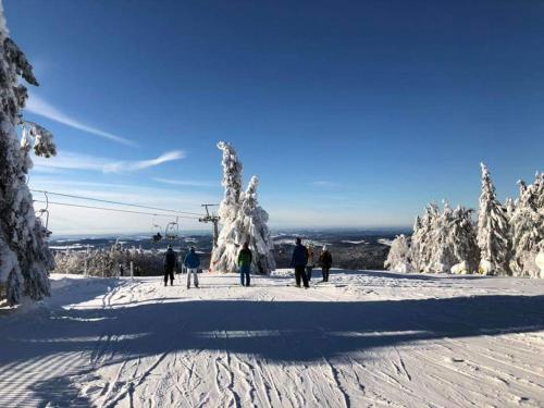 a group of people on a ski lift in the snow at Haus Annemarie in Philippsreut