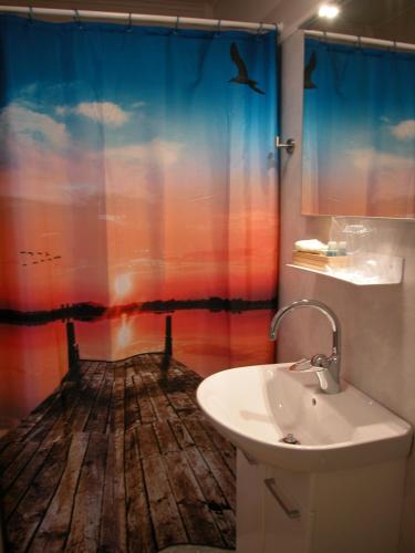 La salle de bains est pourvue d'un rideau de douche et d'un lavabo. dans l'établissement Cafè Bistro Moccacino, à Ekshärad