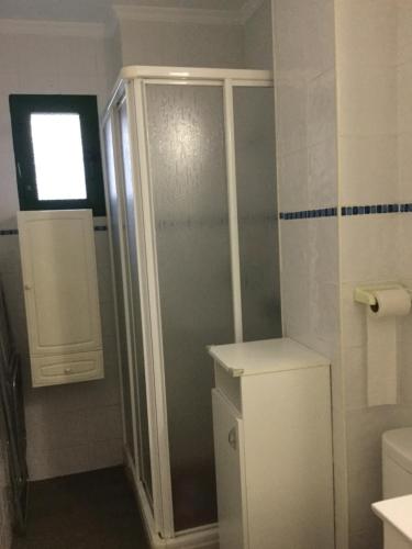 a bathroom with a shower and a refrigerator at Estudio San Felipe in Cádiz