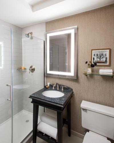 a bathroom with a sink and a shower and a toilet at Claridge House in Chicago