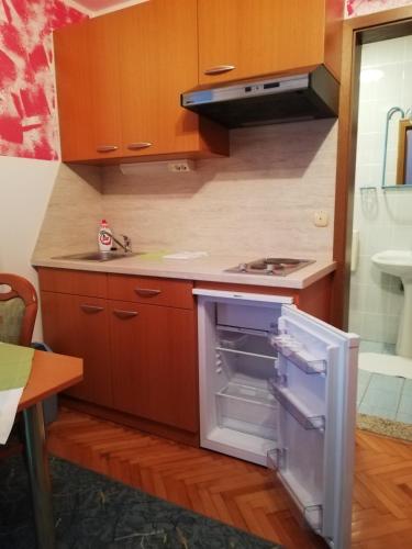 an oven with its door open in a kitchen at Apartmaji Tisa in Moravske Toplice
