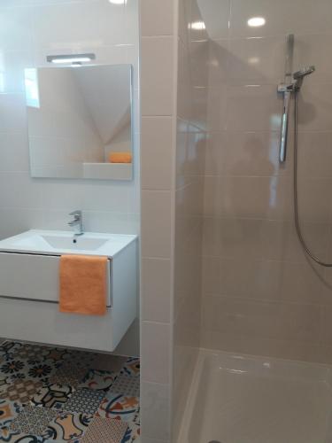 a bathroom with a sink and a shower at APARTMA BREMEC-STUDIO in Bohinj