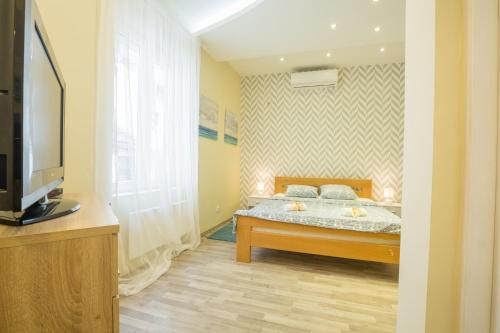 1 dormitorio con 1 cama y TV en Belgrade Center Apartment Skadarlija II, en Belgrado