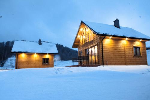 a log cabin with lights on it in the snow at Domki pod Bukowym lasem in Wańkowa