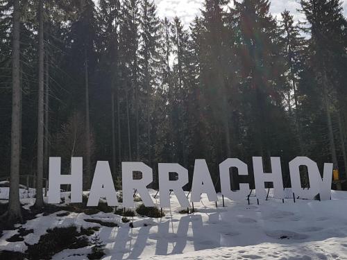 a large sign in the snow in a forest at Harrachovská Hacienda in Harrachov