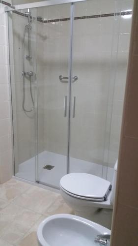 ein Bad mit einer Dusche, einem WC und einem Waschbecken in der Unterkunft Apartamento céntrico "Casa Belinda" in Toro