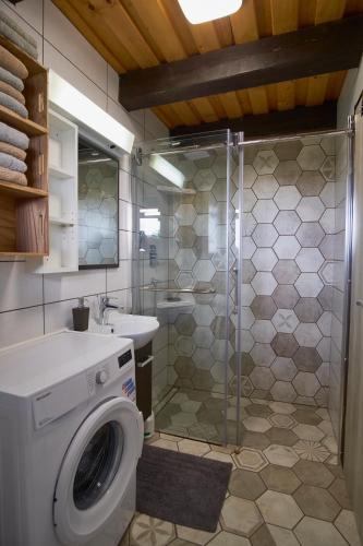 a bathroom with a washing machine and a shower at Holiday house Podhamer Boris in Presika