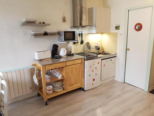 Il comprend une petite cuisine équipée d'une cuisinière et d'un évier. dans l'établissement Studio plein centre, à Cauterets