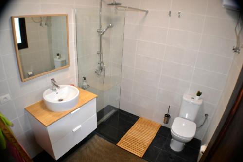 La salle de bains est pourvue d'un lavabo, de toilettes et d'un miroir. dans l'établissement CASA CALA MAR - TUNERA, à Puerto del Rosario