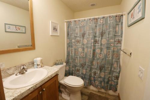 a bathroom with a sink and a toilet and a shower curtain at Island Club #77 in Put-in-Bay