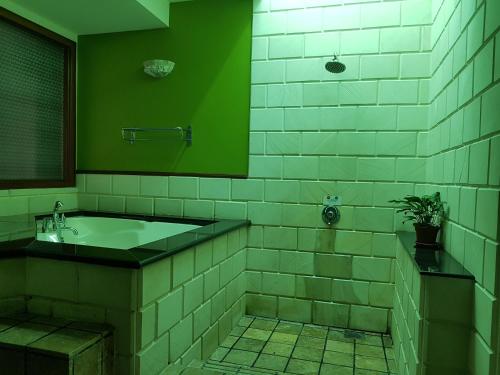 a green bathroom with a tub and a sink at Tokido Private Water Chalet PD in Port Dickson