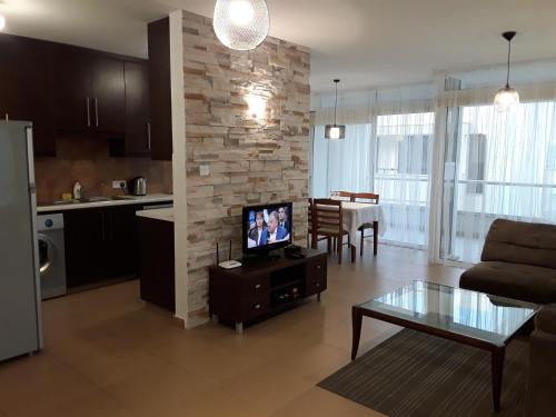 a living room with a couch and a tv on a table at Aetius Apartments in Larnaca