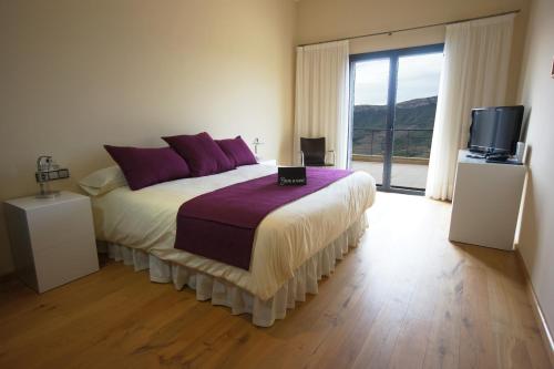 Buil & Gine Wine Hotel في غراتالوبس: غرفة نوم مع سرير مع وسائد أرجوانية وتلفزيون