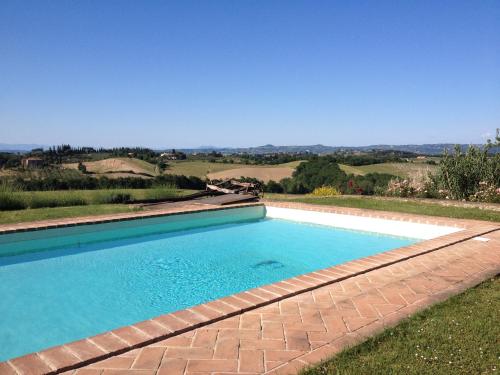 a swimming pool in the middle of a grass field at Il Fienile in San Gimignano