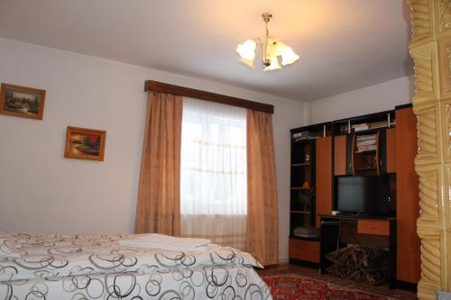 1 dormitorio con cama y ventana en Pensiunea Alecsandra, en Vatra Dornei