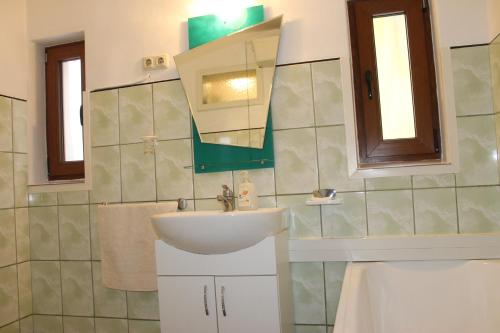 a bathroom with a sink and a mirror at Pensiunea Alecsandra in Vatra Dornei