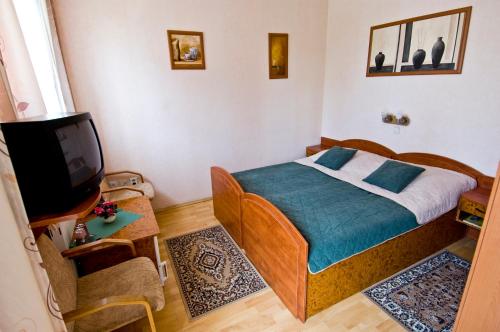 um pequeno quarto com uma cama e uma televisão em Hotel Relax u Drsů em Tábor
