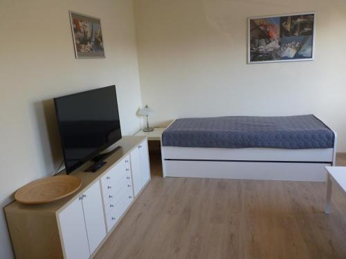a bedroom with a bed and a flat screen tv at Cafe und Pension Blohm in Greifswald