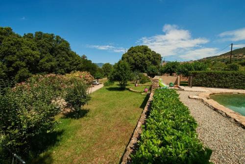 un jardin avec une piscine d'eau et des plantes dans l'établissement Maison Le Citronnier avec piscine - Domaine E Case Di Cuttoli, à Cuttoli-Corticchiato