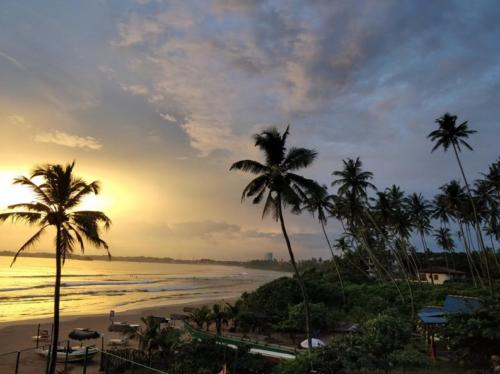 a view of the beach at sunset with palm trees at Twenty-Two Weligambay in Weligama