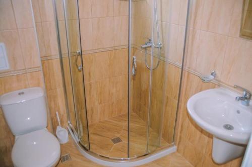 a bathroom with a shower and a toilet and a sink at Apartments in RIF 3 in Ravda
