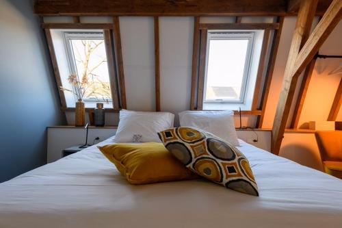 霍斯特的住宿－Hostellerie Horst，一张带两个枕头的床和两个窗户