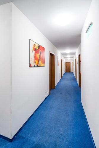 a hallway with a blue carpet and a painting on the wall at Penzion Park in Vodňany