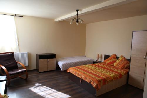 a bedroom with a bed and a chair in it at Titulescu Apartments in Bucharest