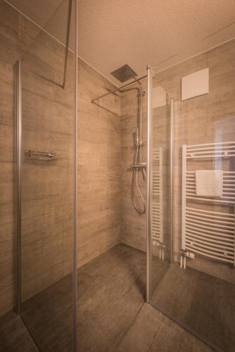 a shower with a glass door in a bathroom at Luterbach in Lauterbrunnen
