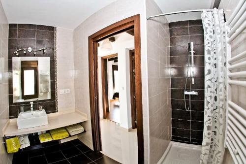 a bathroom with a sink and a shower at Apartamentos El Roble in Valverde de la Vera