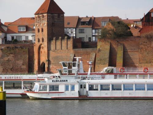 a large white boat in the water next to a city at Ferienhaus Elbblick in Tangermünde