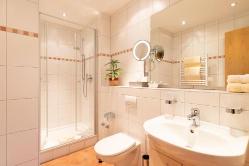 a bathroom with a sink and a shower and a toilet at Landgasthof Bären in Kirchzarten